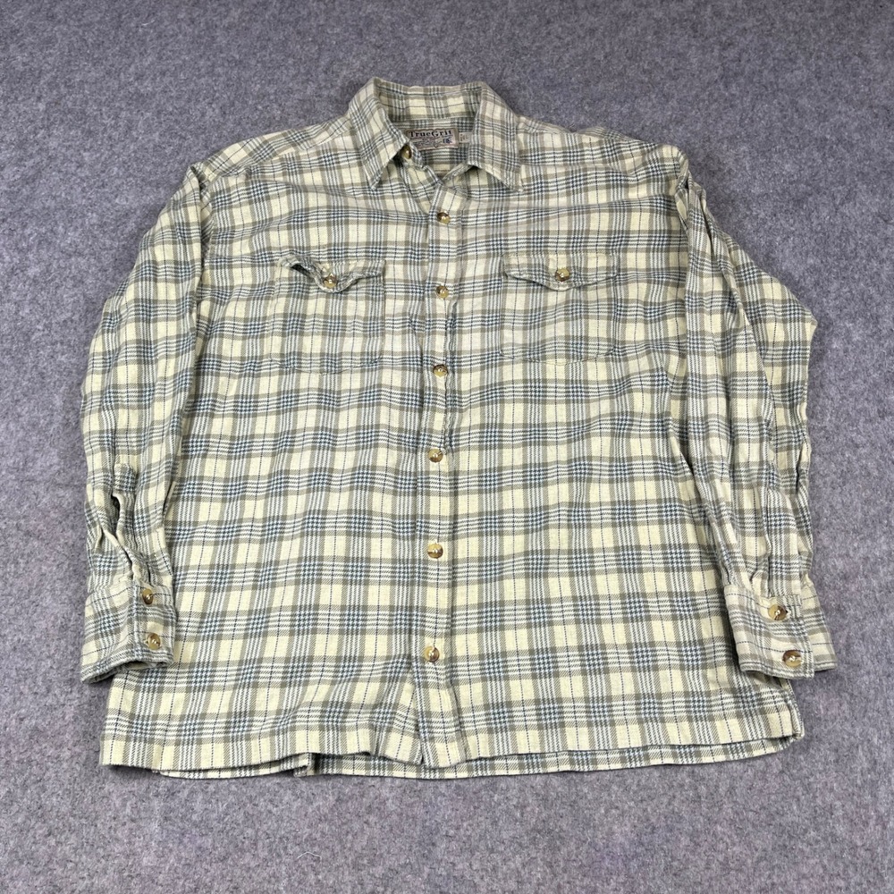 True Grit Plaid Flannel Shirt Mens Large Green Cream Cotton Button Down Casual